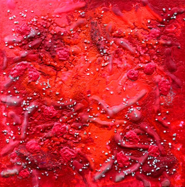 "RED HEAT" 100 cm x 100 cm Acrylic with sand, glass and silver nuggets